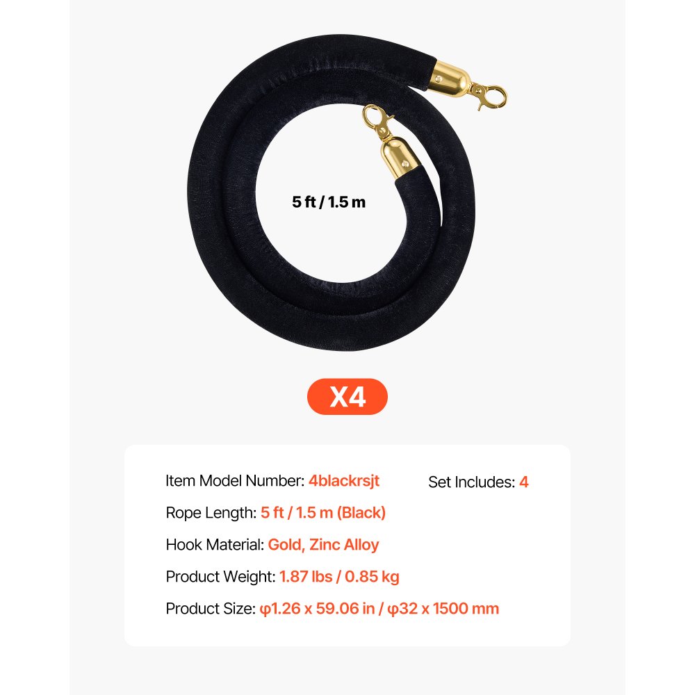 VEVOR Cuerdas de Terciopelo Negras para Postes 4 Piezas Longitud de 1,5 m, Cuerda de Barrera con Ganchos Dorados para Control de Multitudes, Barrera Separadora para Eventos, Cines, Hoteles, Fiestas