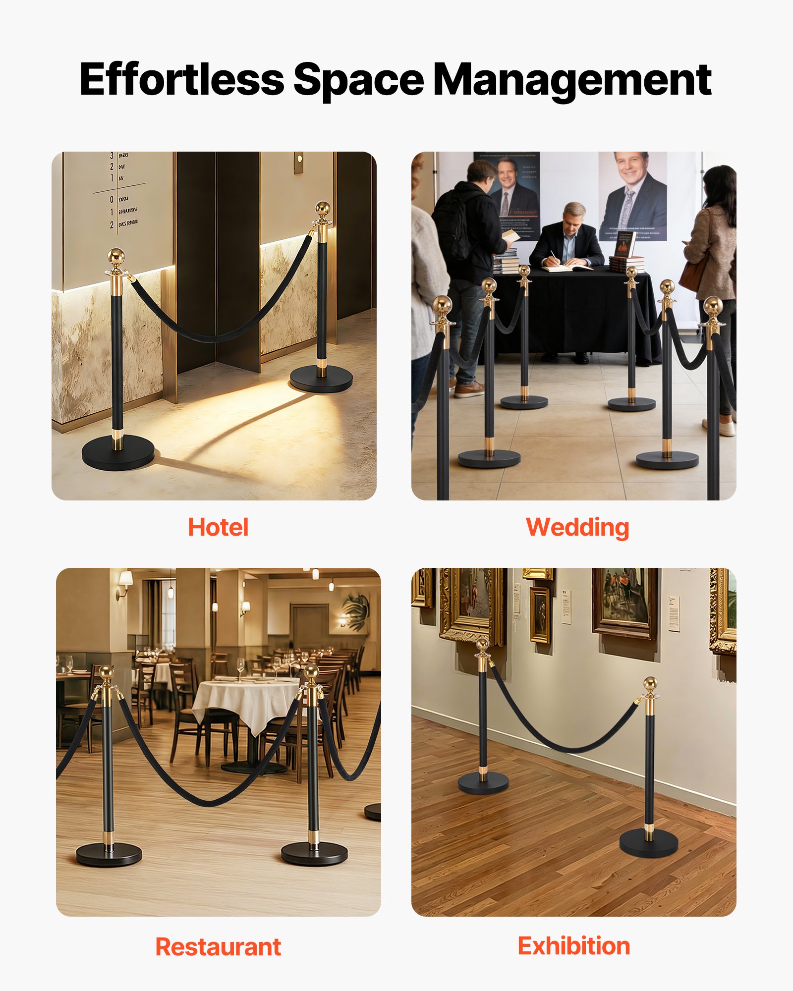 VEVOR Cuerdas de Terciopelo Negras para Postes 4 Piezas Longitud de 1,5 m, Cuerda de Barrera con Ganchos Dorados para Control de Multitudes, Barrera Separadora para Eventos, Cines, Hoteles, Fiestas