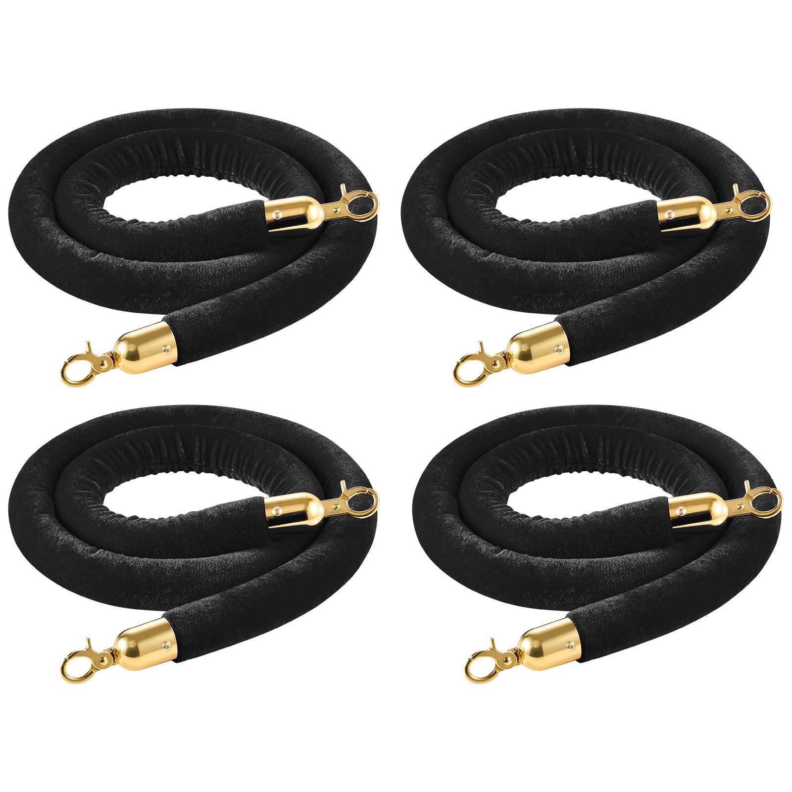 VEVOR Cuerdas de Terciopelo Negras para Postes 4 Piezas Longitud de 1,5 m, Cuerda de Barrera con Ganchos Dorados para Control de Multitudes, Barrera Separadora para Eventos, Cines, Hoteles, Fiestas