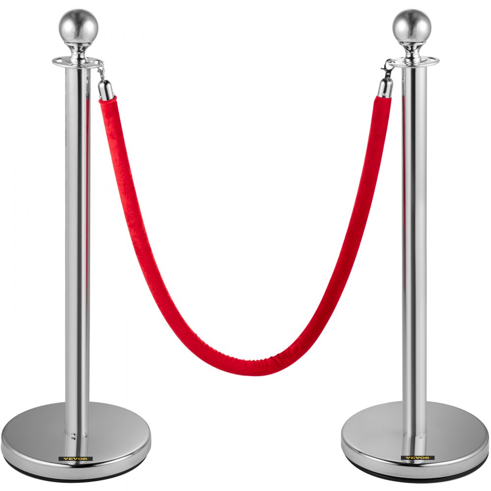 VEVOR Stainless Steel Barrier Post Rope Barrier Stand Ball Head 2 Red Velvet Ropes Silver Post 4 Pack Crowd Control Barriers