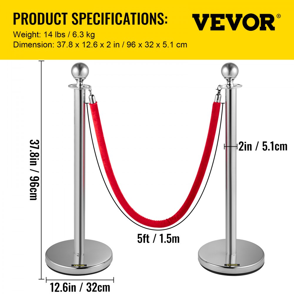 VEVOR Stainless Steel Barrier Post Rope Barrier Stand Ball Head 3 Red Velvet Ropes Silver Post 4 Pack Crowd Control Barriers