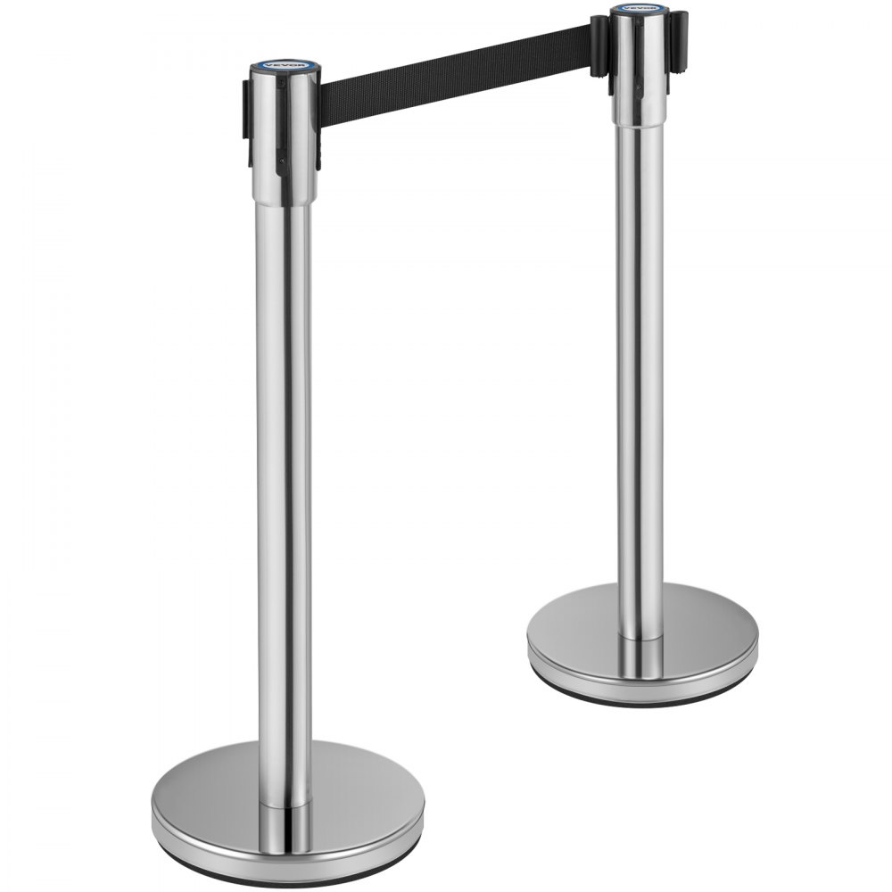 VEVOR Postes Separadores 2 piezas 90 cm Platas Poste Separador con Cinta Extensible de 2 m Negra Conexión de 4 Vías Diámetro de Base 32 cm Postes de Barrera de Control de Multitudes Retráctiles