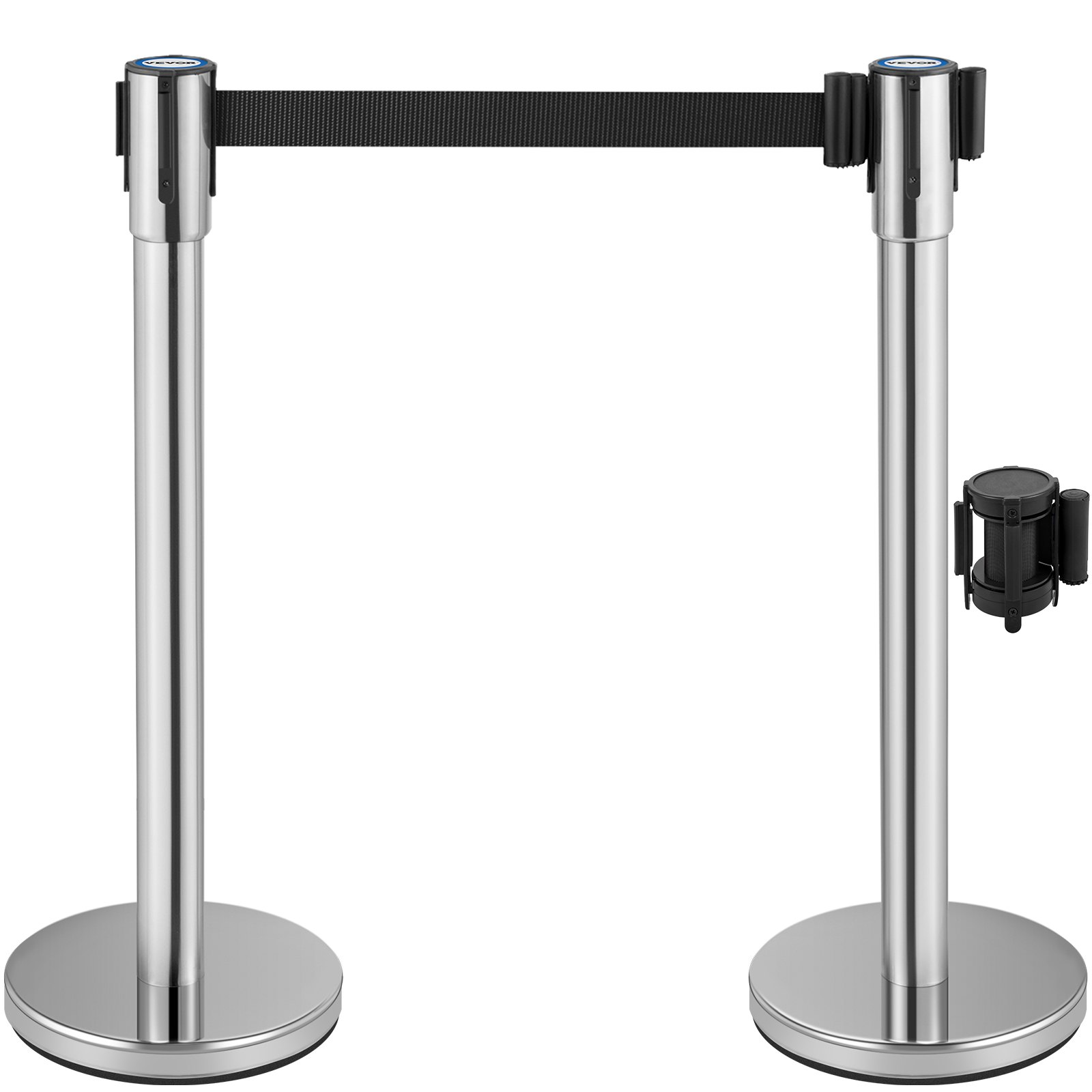 VEVOR Postes Separadores 2 piezas 90 cm Platas Poste Separador con Cinta Extensible de 2 m Negra Conexión de 4 Vías Diámetro de Base 32 cm Postes de Barrera de Control de Multitudes Retráctiles