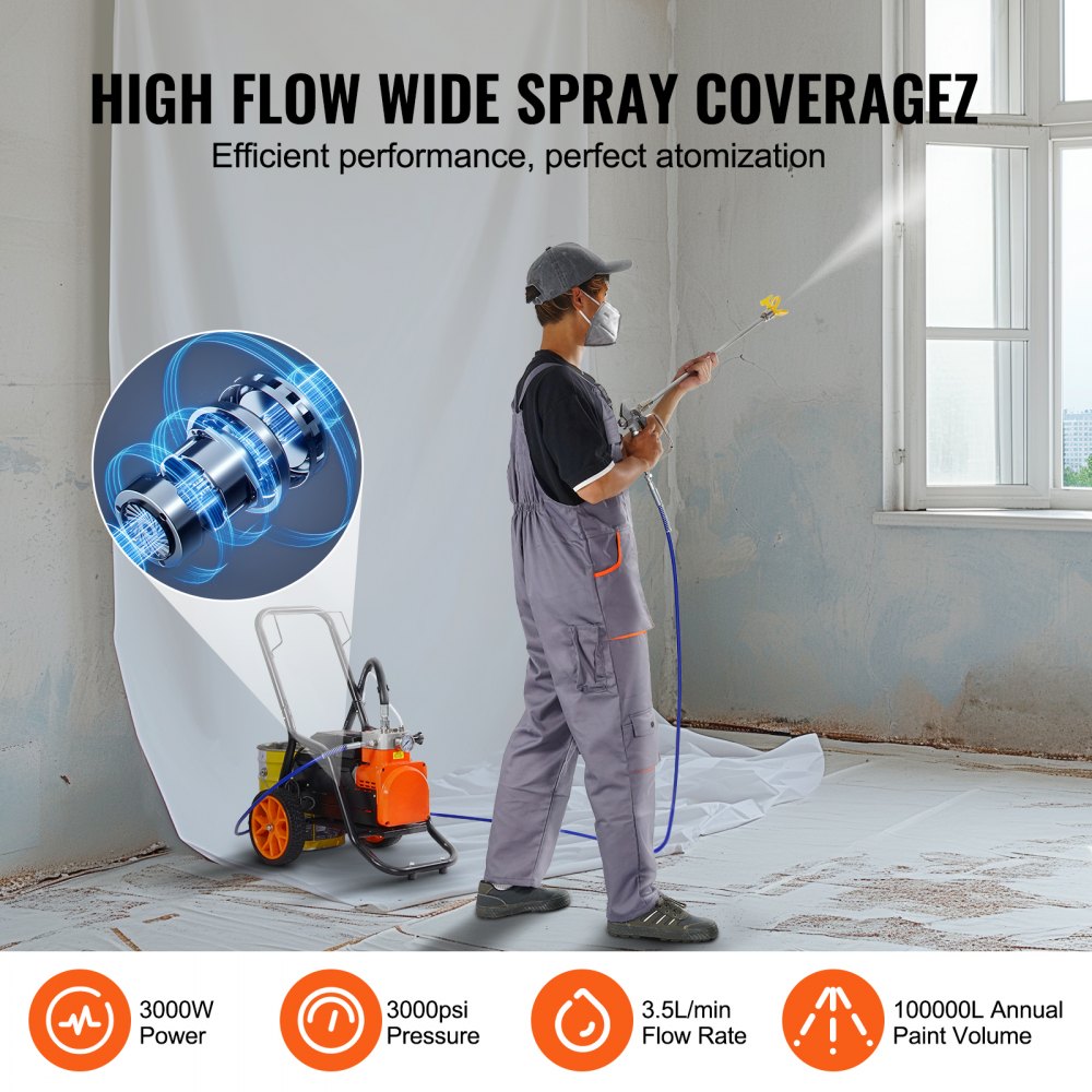 VEVOR Airless Paint Sprayer with Diaphragm, 1700 W efficient airless paint sprayer with trolley, 3000 psi airless paint sprayer, with extension pole, 3.5 L/min high-pressure airless paint spraying system