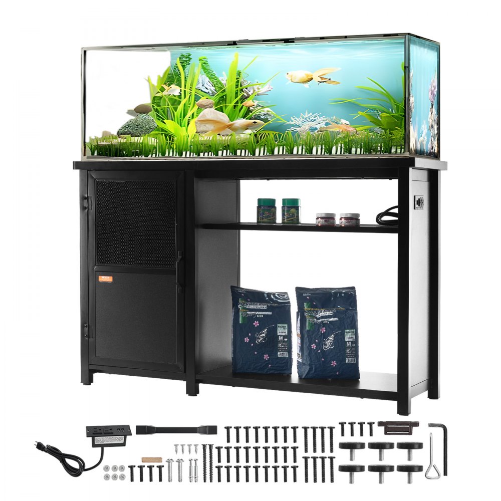 VEVOR Soporte para Acuario Carga de 284kg Mueble para Acuario 132x50x82cm de Acero y MDF Soporte para Tanque de Reptiles con Armario de Almacenamiento y Toma de corriente Integrada para Salón, Oficina