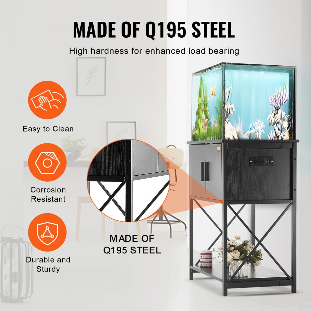 VEVOR Aquarium Stand, 20 Gallon Fish Tank Stand, 65 x 42 x 81 cm Turtle Tank Stand Made of Steel & MDF, 76 kg Load Capacity, Reptile Tank Stand with Storage Cabinet and Embedded Power Supply