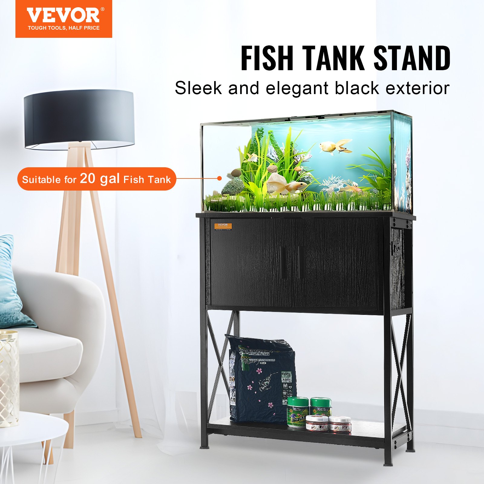VEVOR Aquarium Stand, 20 Gallon Fish Tank Stand, 65 x 42 x 81 cm Turtle Tank Stand Made of Steel & MDF, 76 kg Load Capacity, Reptile Tank Stand with Storage Cabinet and Embedded Power Supply