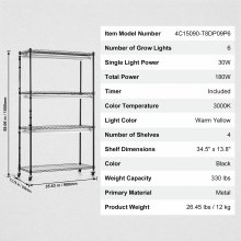 VEVOR Estante para Cultivo de Plantas 4 Niveles con Luces de Cultivo 180W 90cm