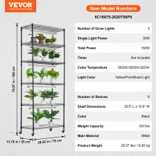 VEVOR Estante para Cultivo de Plantas 6 Niveles con Luces de Cultivo 150W 75cm