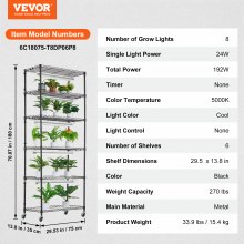 VEVOR Soporte para Plantas con Lámparas de Cultivo 6 Niveles 192W 75x35x180 cm