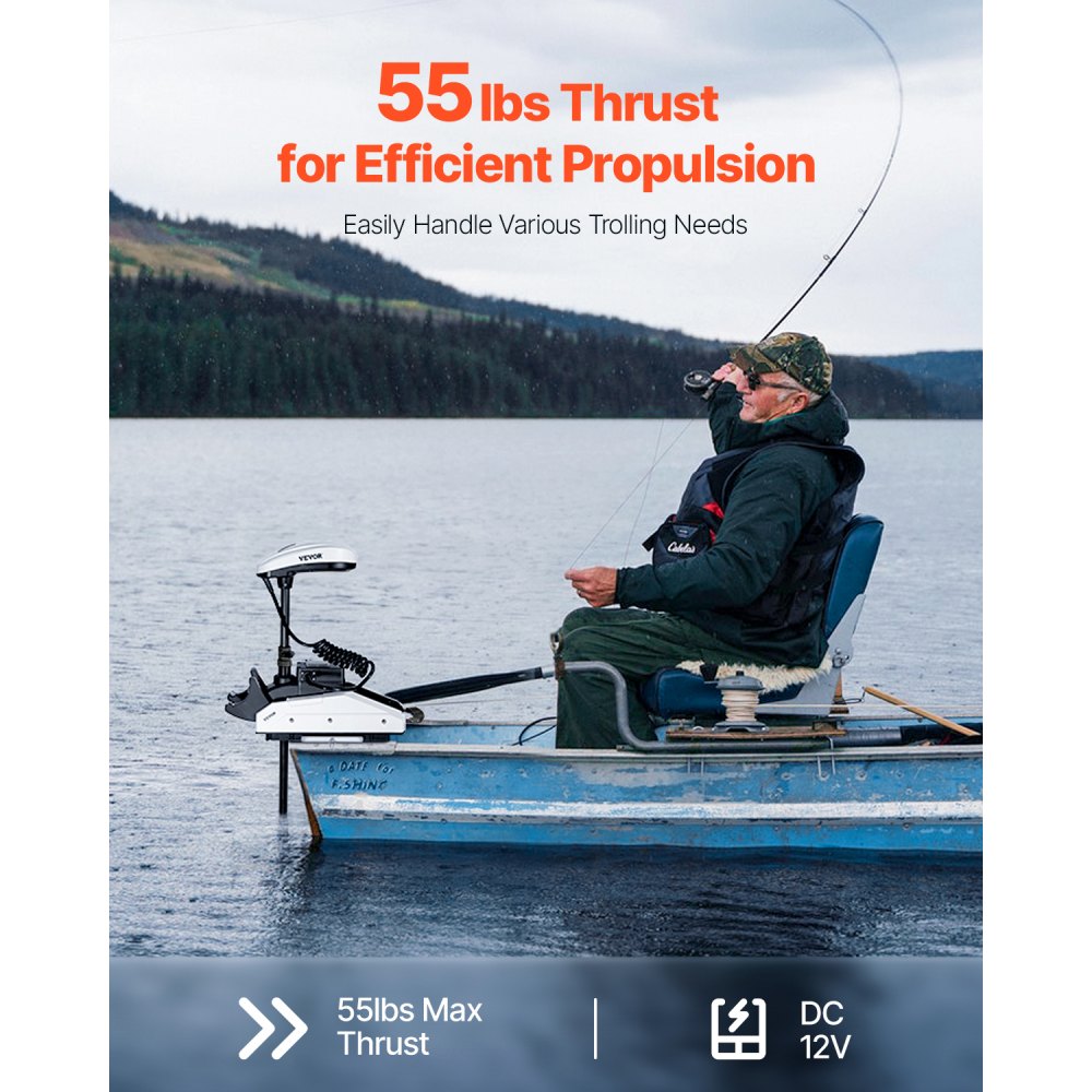 VEVOR Motor Eléctrico para Pesca de Arrastre, 25 kg de Empuje con GPS, para Barco de Agua Salada 10 Velocidades Montado en Proa con Control Remoto e Indicador de Batería LCD, 1245 x 680 x 210 mm