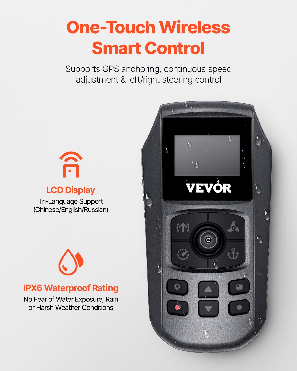 VEVOR Motor Eléctrico para Pesca de Arrastre, 25 kg de Empuje con GPS, para Barco de Agua Salada 10 Velocidades Montado en Proa con Control Remoto e Indicador de Batería LCD, 1245 x 680 x 210 mm