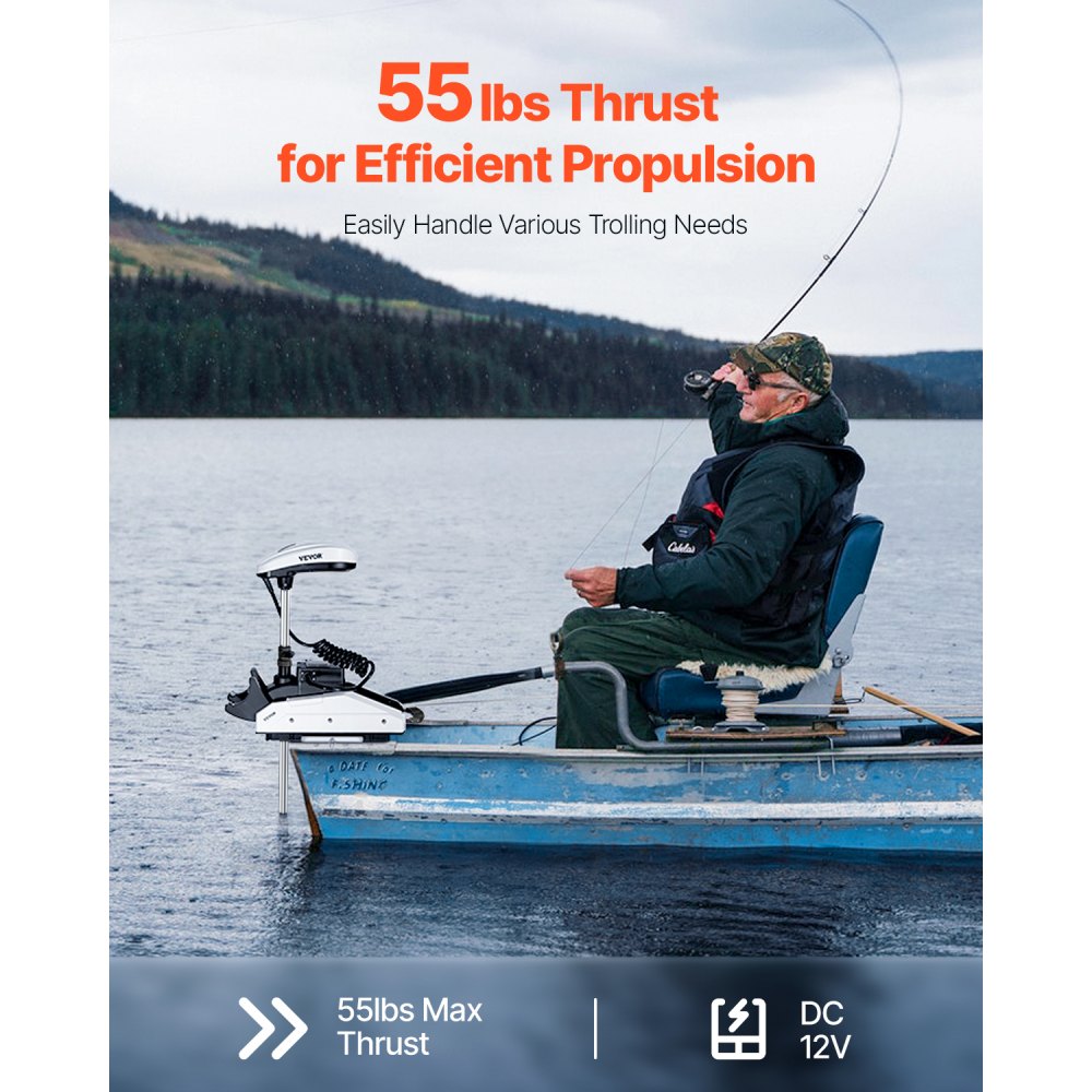 VEVOR Electric Outboard Motor, 12V, 25kg Thrust with GPS, 10-Speed Bow Mount, Saltwater Boat Motor with Remote Control and LCD Battery Indicator, for Kayaks, Fishing Boats, 137cm Shaft