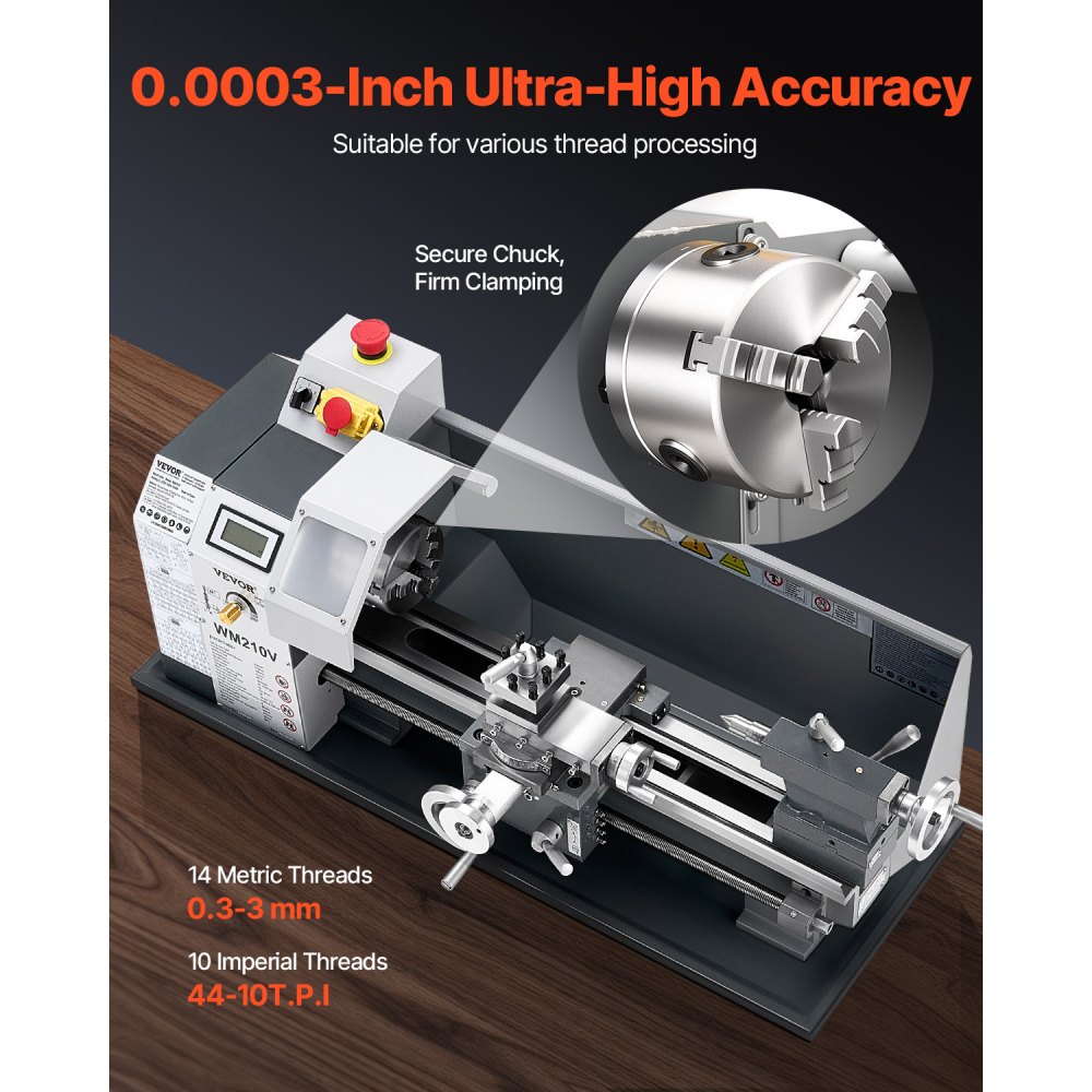 VEVOR Torno de Metal, 210 x 370 mm, Torno de Sobremesa de Precisión, Velocidad Variable de 0 a 2500 RPM, con Husillo de Engranajes de 550 W para Procesar Metales Blandos, Madera y Plásticos