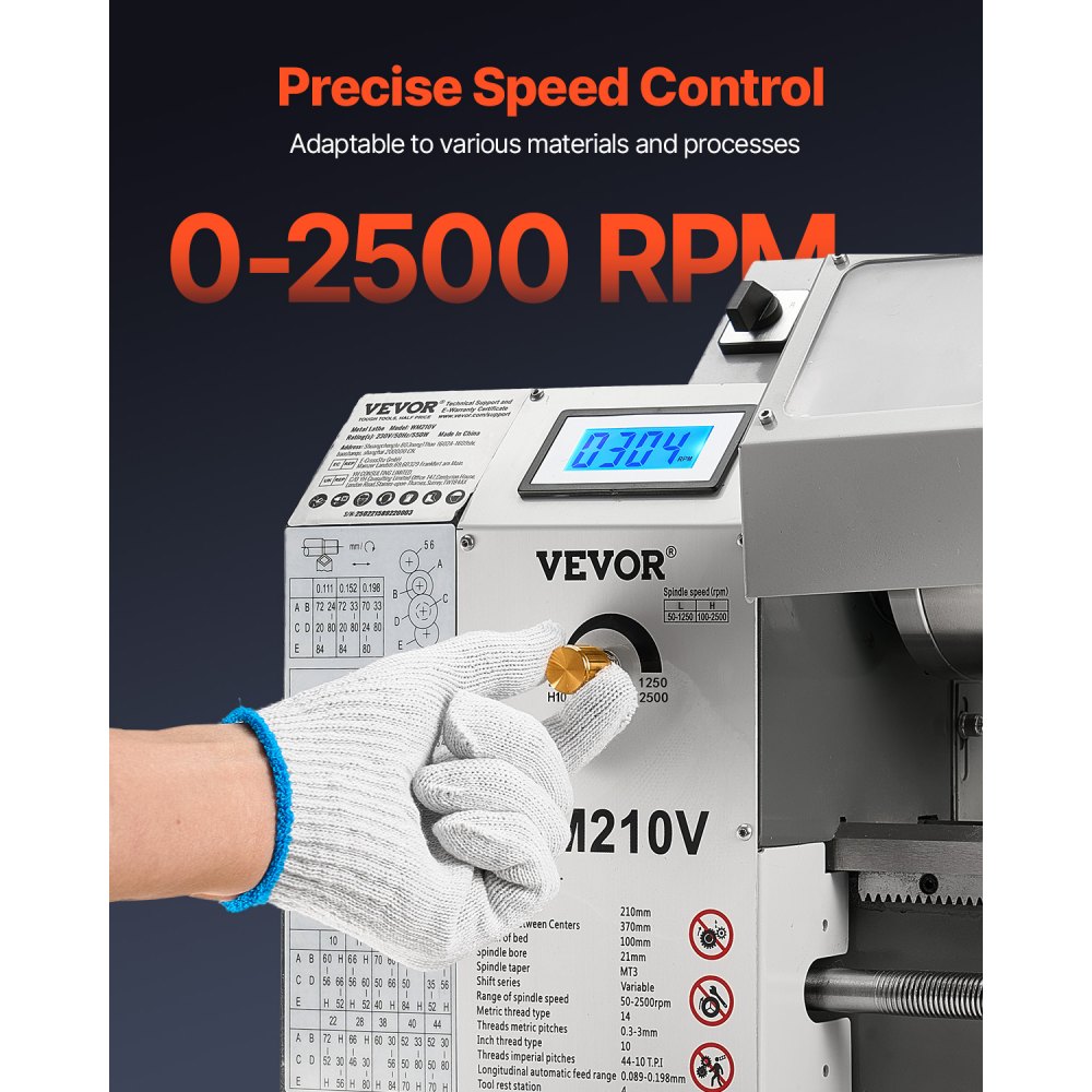 VEVOR Torno de Metal, 210 x 370 mm, Torno de Sobremesa de Precisión, Velocidad Variable de 0 a 2500 RPM, con Husillo de Engranajes de 550 W para Procesar Metales Blandos, Madera y Plásticos