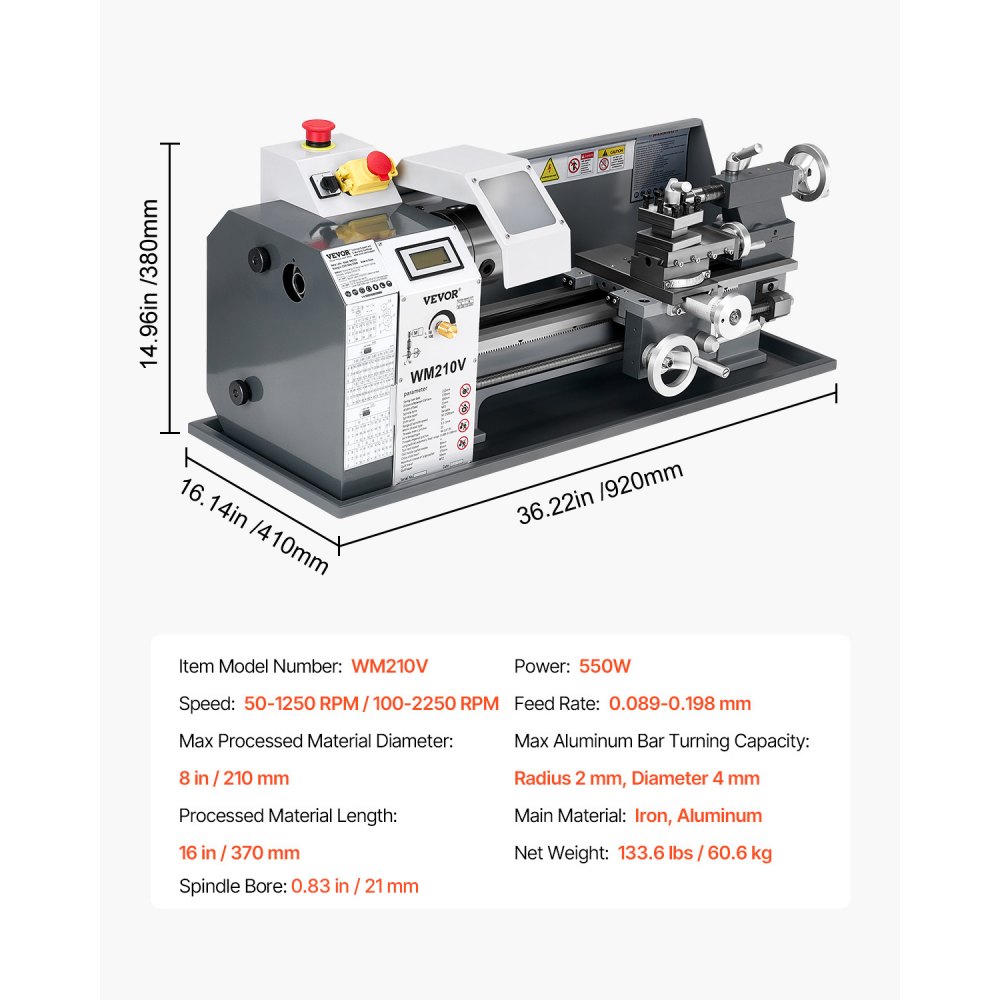 VEVOR Torno de Metal, 210 x 370 mm, Torno de Sobremesa de Precisión, Velocidad Variable de 0 a 2500 RPM, con Husillo de Engranajes de 550 W para Procesar Metales Blandos, Madera y Plásticos