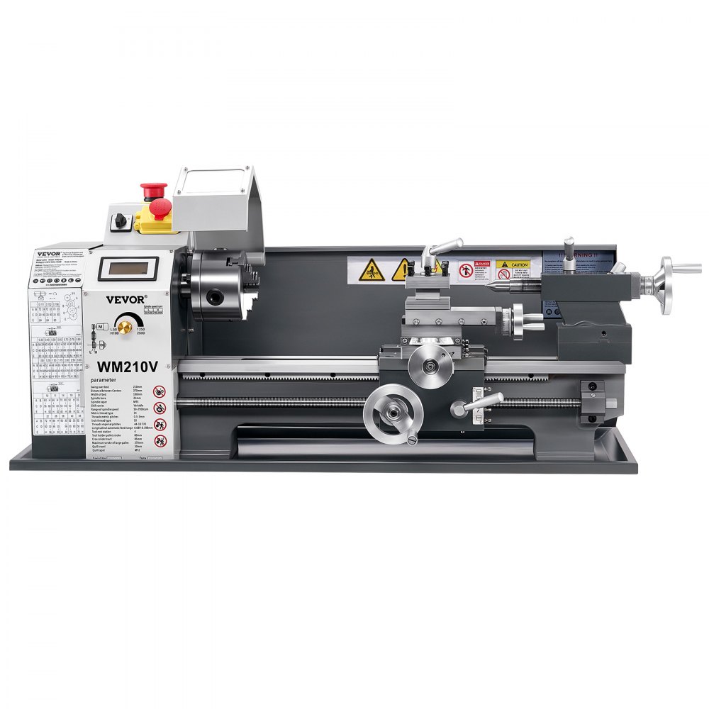 VEVOR Torno de Metal, 210 x 370 mm, Torno de Sobremesa de Precisión, Velocidad Variable de 0 a 2500 RPM, con Husillo de Engranajes de 550 W para Procesar Metales Blandos, Madera y Plásticos