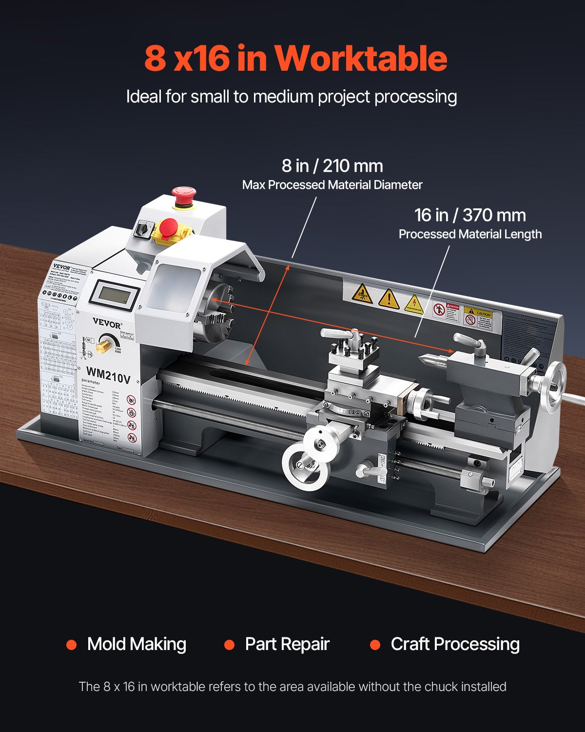 VEVOR Torno de Metal, 210 x 370 mm, Torno de Sobremesa de Precisión, Velocidad Variable de 0 a 2500 RPM, con Husillo de Engranajes de 550 W para Procesar Metales Blandos, Madera y Plásticos