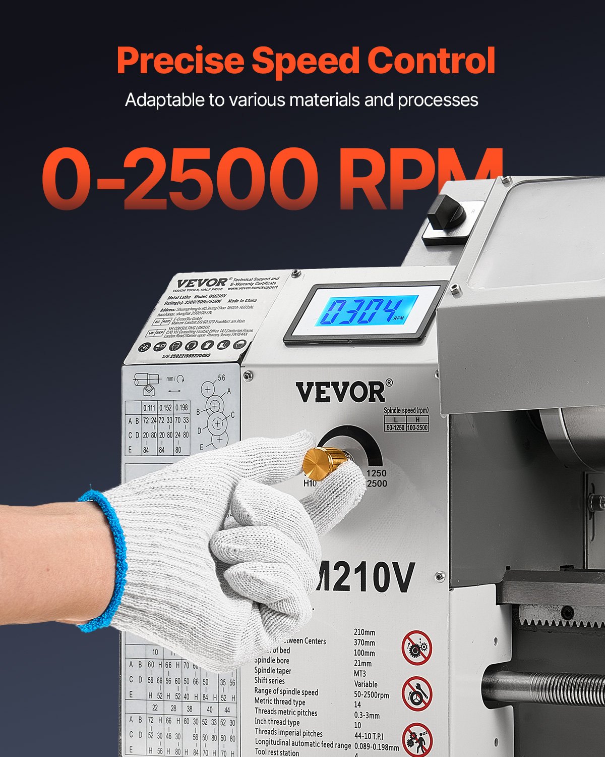 VEVOR Torno de Metal, 210 x 370 mm, Torno de Sobremesa de Precisión, Velocidad Variable de 0 a 2500 RPM, con Husillo de Engranajes de 550 W para Procesar Metales Blandos, Madera y Plásticos