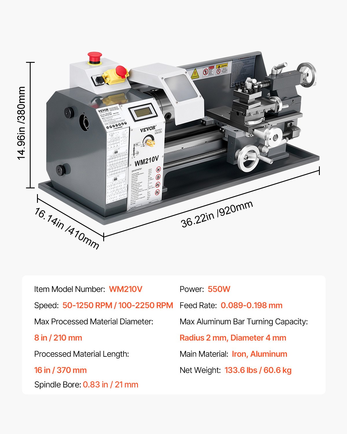 VEVOR Torno de Metal, 210 x 370 mm, Torno de Sobremesa de Precisión, Velocidad Variable de 0 a 2500 RPM, con Husillo de Engranajes de 550 W para Procesar Metales Blandos, Madera y Plásticos
