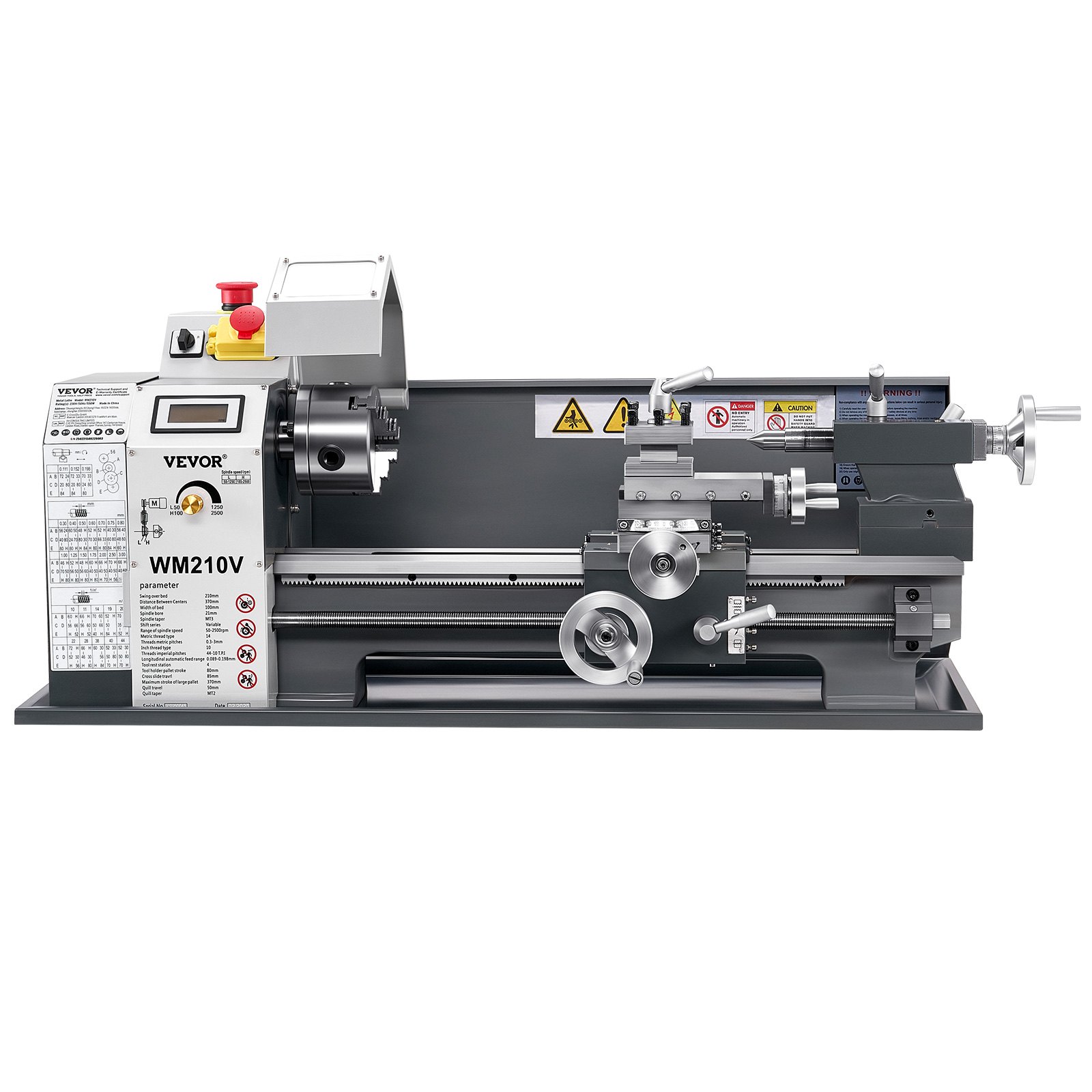 VEVOR Torno de Metal, 210 x 370 mm, Torno de Sobremesa de Precisión, Velocidad Variable de 0 a 2500 RPM, con Husillo de Engranajes de 550 W para Procesar Metales Blandos, Madera y Plásticos