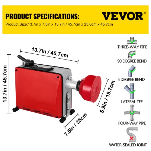 VEVOR Máquina de Limpieza de Desagües 390 W, Máquina de Limpieza de Alta Presión 230 V, 50 Hz, de Drenaje en Espiral GQ-100 con Accionamiento Eléctrico de 390 W, Máquina Excavadora de Tuberías