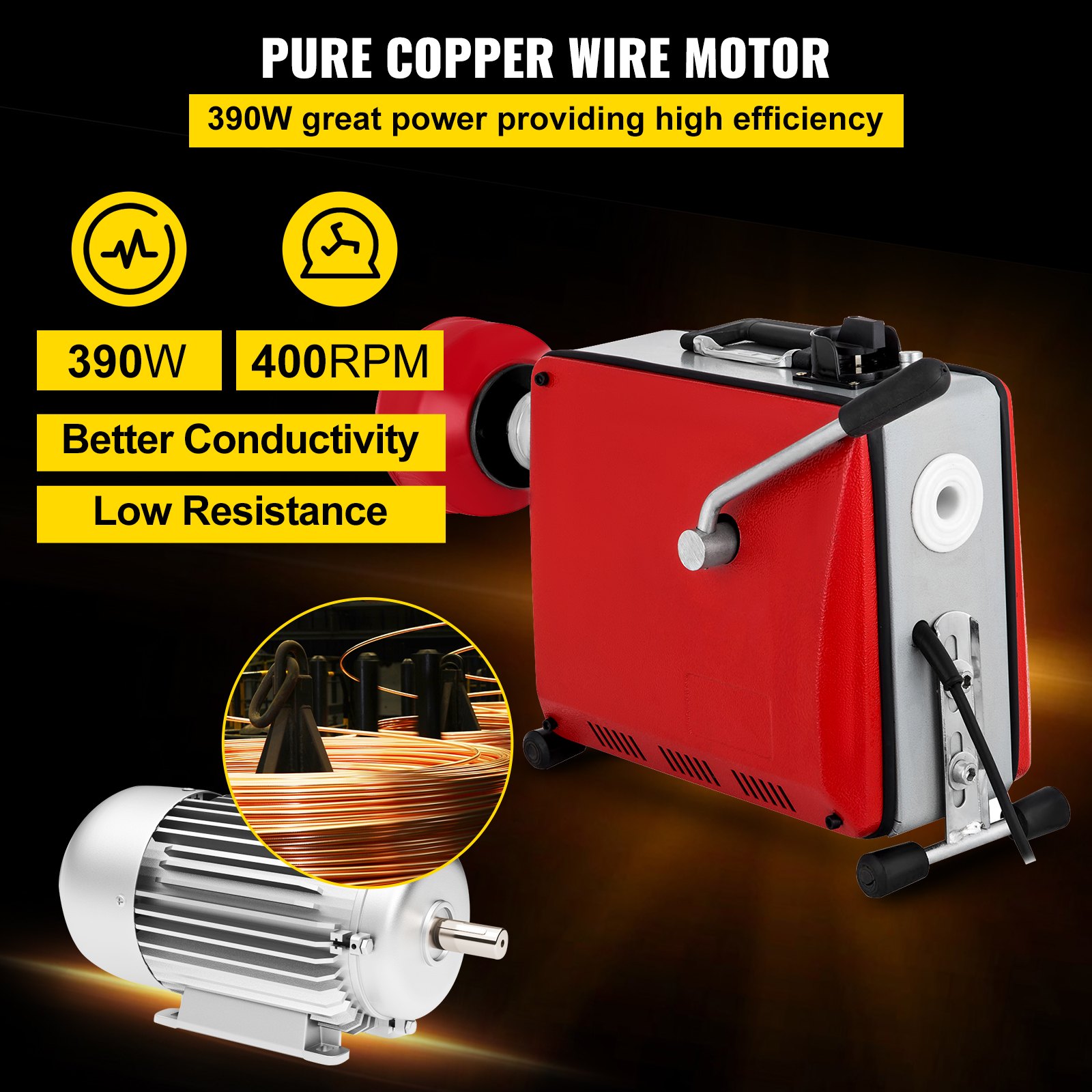 VEVOR Máquina de Limpieza de Desagües 390 W, Máquina de Limpieza de Alta Presión 230 V, 50 Hz, de Drenaje en Espiral GQ-100 con Accionamiento Eléctrico de 390 W, Máquina Excavadora de Tuberías