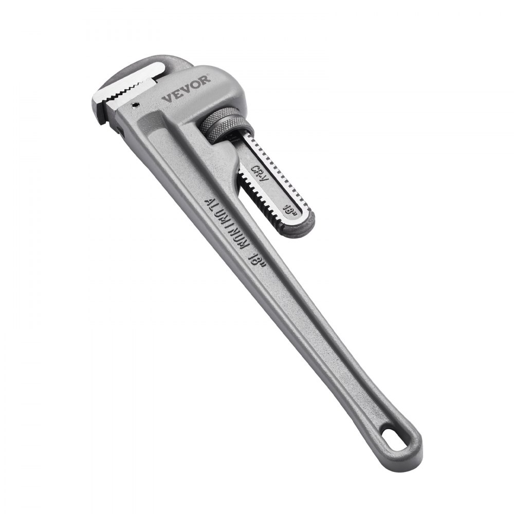 Llave de tubo VEVOR, aluminio resistente, mordaza ajustable, mango ergonómico, medidas precisas.