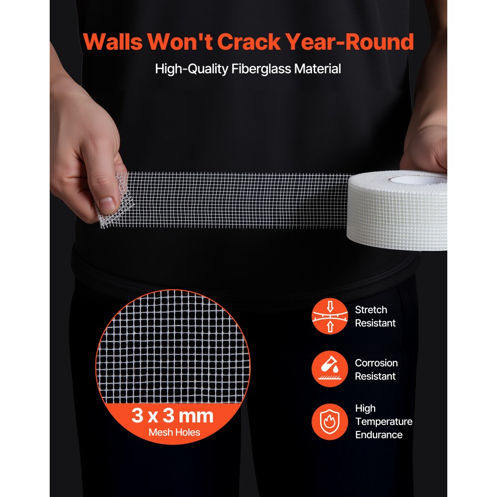 VEVOR Drywall Mesh Tape, 50mm W x 45m L Self-Adhesive Fiberglass Drywall Joint Tape, 36 Rolls Dry Wall Patch for Easy Sheetrock Ceiling Crack Repair, to Achieve Smooth Even Wall Surface