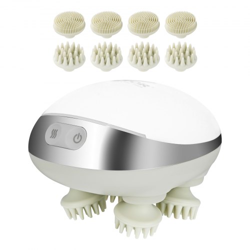 Masajeador eléctrico para el cuero cabelludo con calor VEVOR, masajeador de cabeza recargable con calefacción, resistente al agua IPX7 | Rascador portátil para el cuero cabelludo con 8 cabezales de masaje extraíbles para el crecimiento del cabello, limpieza profunda y relajación del estrés
