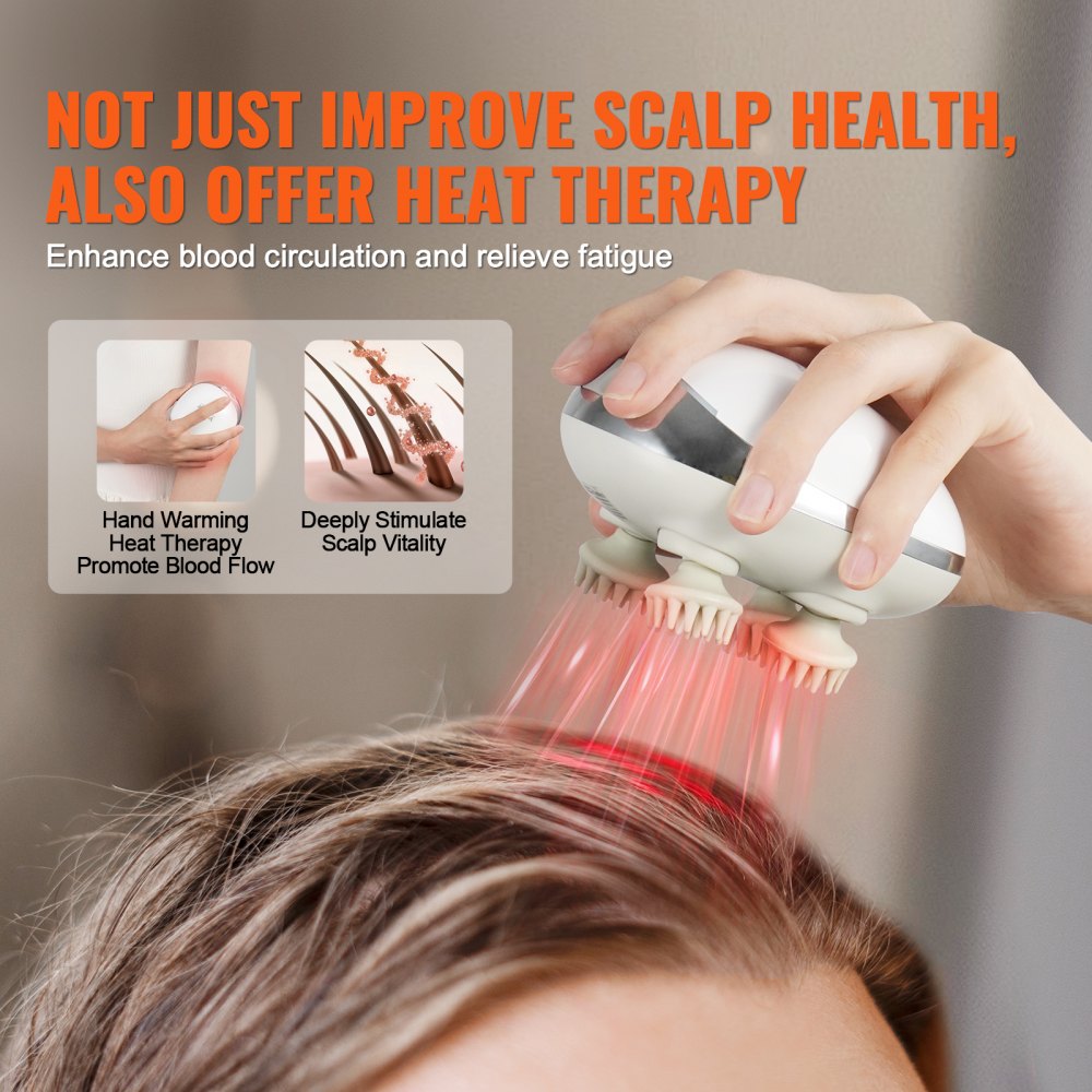Masajeador eléctrico para el cuero cabelludo con calor VEVOR, masajeador de cabeza recargable con calefacción, resistente al agua IPX7 | Rascador portátil para el cuero cabelludo con 8 cabezales de masaje extraíbles para el crecimiento del cabello, limpieza profunda y relajación del estrés