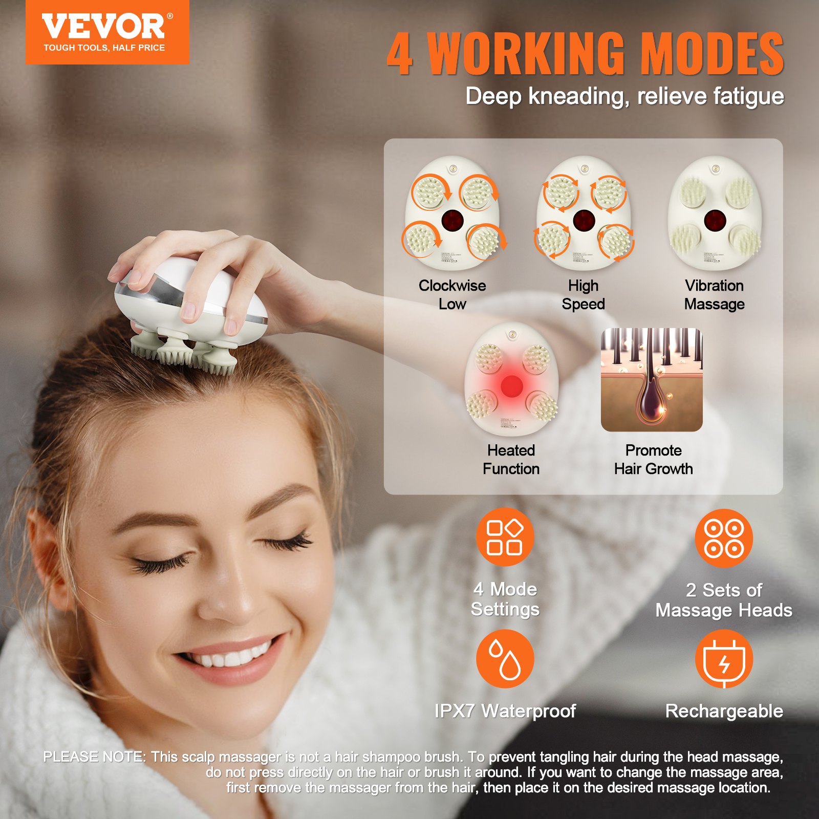 VEVOR Electric Scalp Massager with Heat, Rechargeable Heated Head Massager, IPX7 Waterproof | Portable Kneading Scalp Scraper with 8 Detachable Massage Heads for Hair Growth, Deep Cleansing, Stress Relief