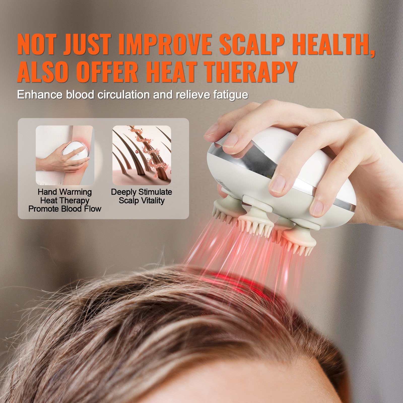 Masajeador eléctrico para el cuero cabelludo con calor VEVOR, masajeador de cabeza recargable con calefacción, resistente al agua IPX7 | Rascador portátil para el cuero cabelludo con 8 cabezales de masaje extraíbles para el crecimiento del cabello, limpieza profunda y relajación del estrés