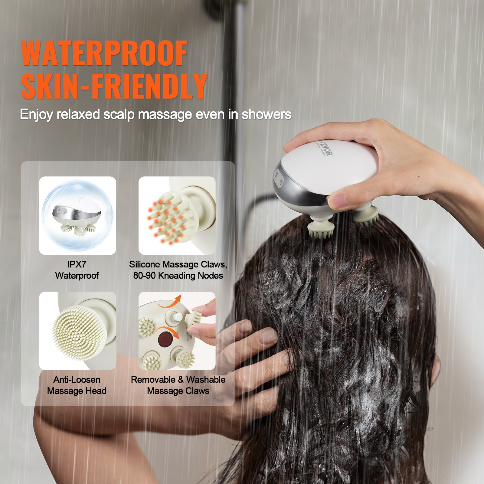 Masajeador eléctrico para el cuero cabelludo con calor VEVOR, masajeador de cabeza recargable con calefacción, resistente al agua IPX7 | Rascador portátil para el cuero cabelludo con 8 cabezales de masaje extraíbles para el crecimiento del cabello, limpieza profunda y relajación del estrés