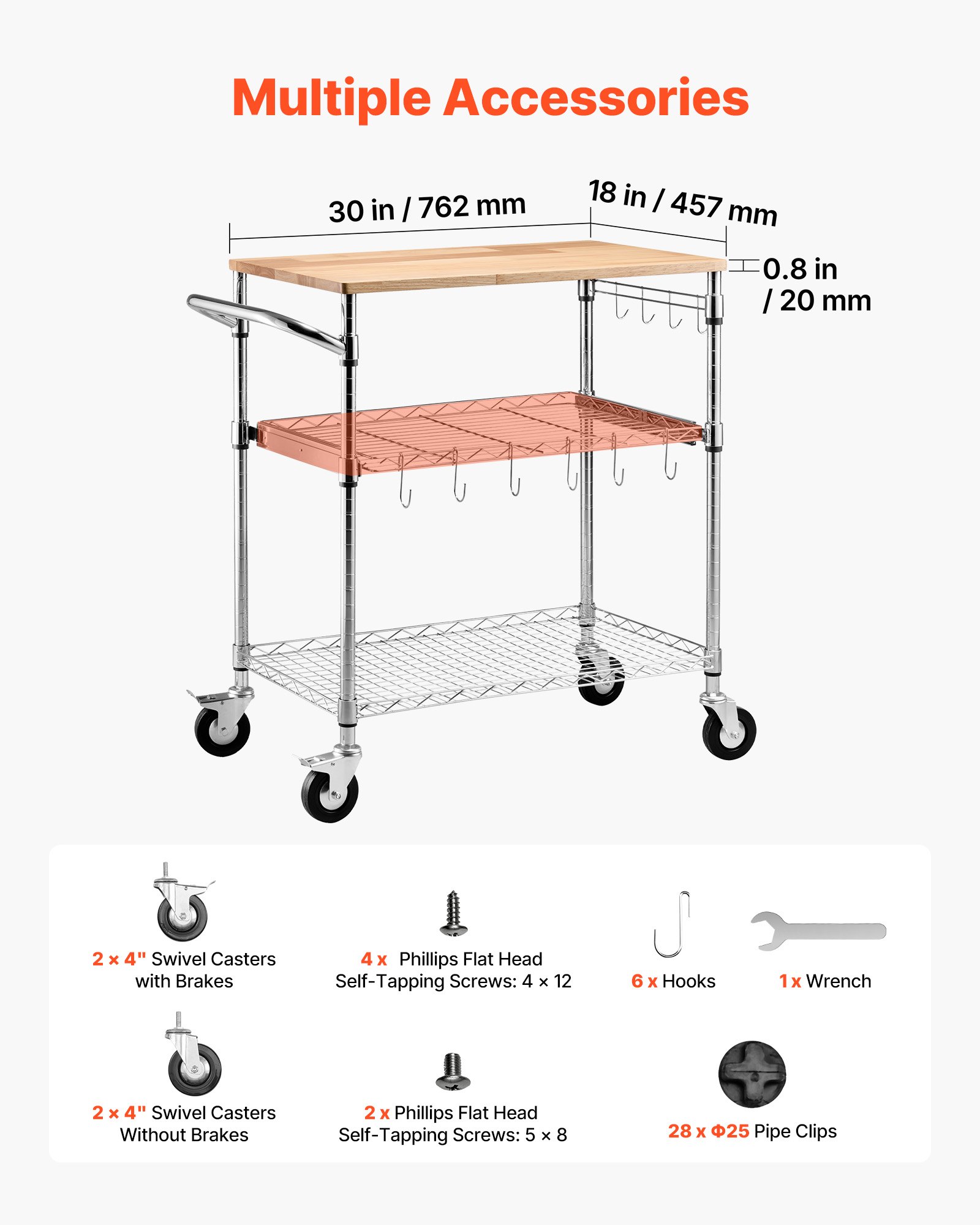 VEVOR Carrito de Cocina de 3 Niveles con Tapa de Madera, Estante de Almacenaje Ajustable, Carrito Auxiliar con Ruedas Giratorias y Asa, Carro de Servicio para Garaje, Lavadero, 76,2 x 45,7 x 91,4 cm