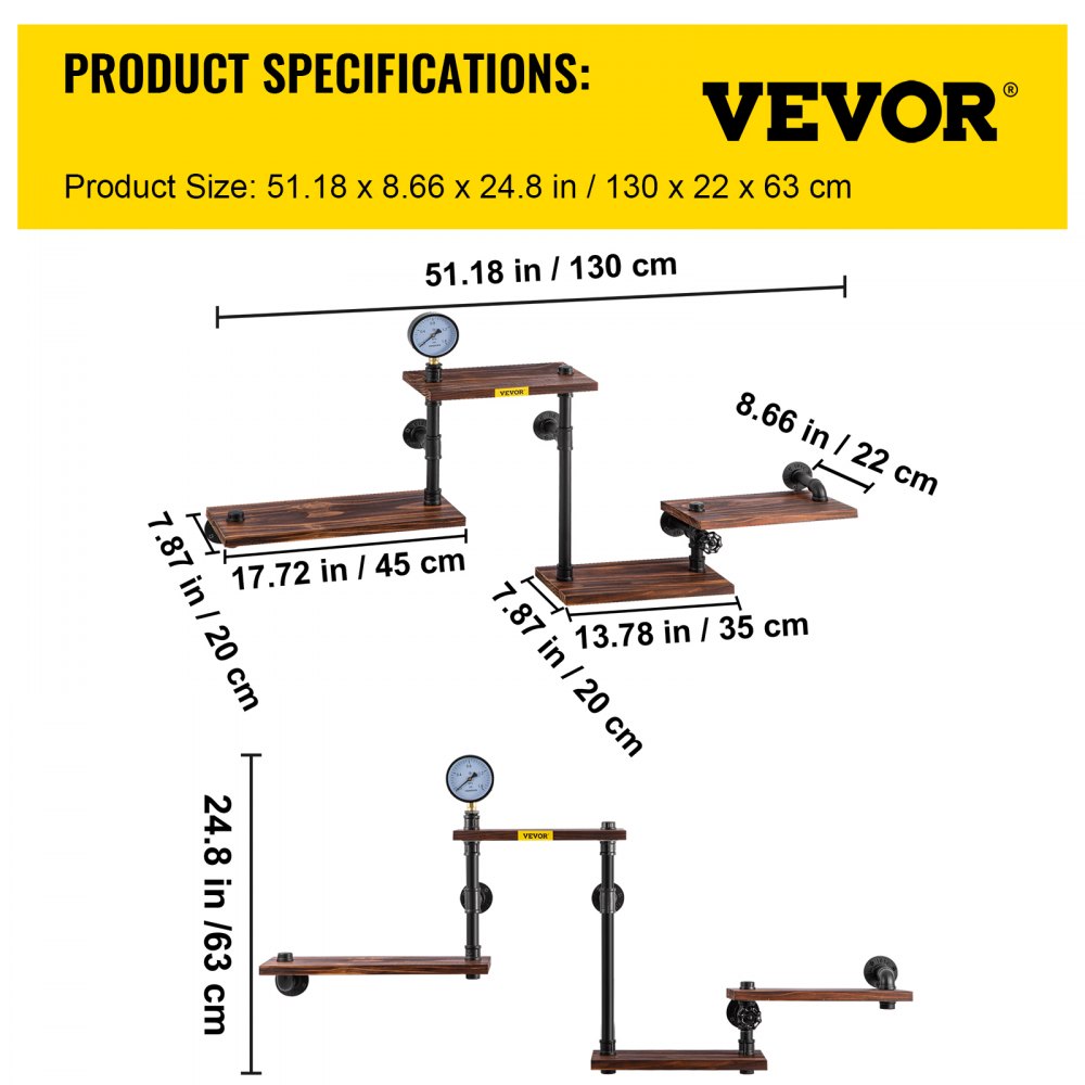 Dimensiones de estantería industrial de tuberías VEVOR con madera marrón y tubos de metal negro.