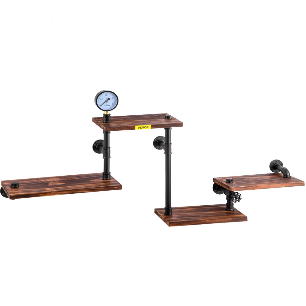 Estantería industrial de tuberías VEVOR con estantes de madera y tubos de metal negros, con indicador de nivel.