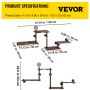 Dimensiones de estantería industrial de tuberías VEVOR con madera marrón y tubos de metal negro.