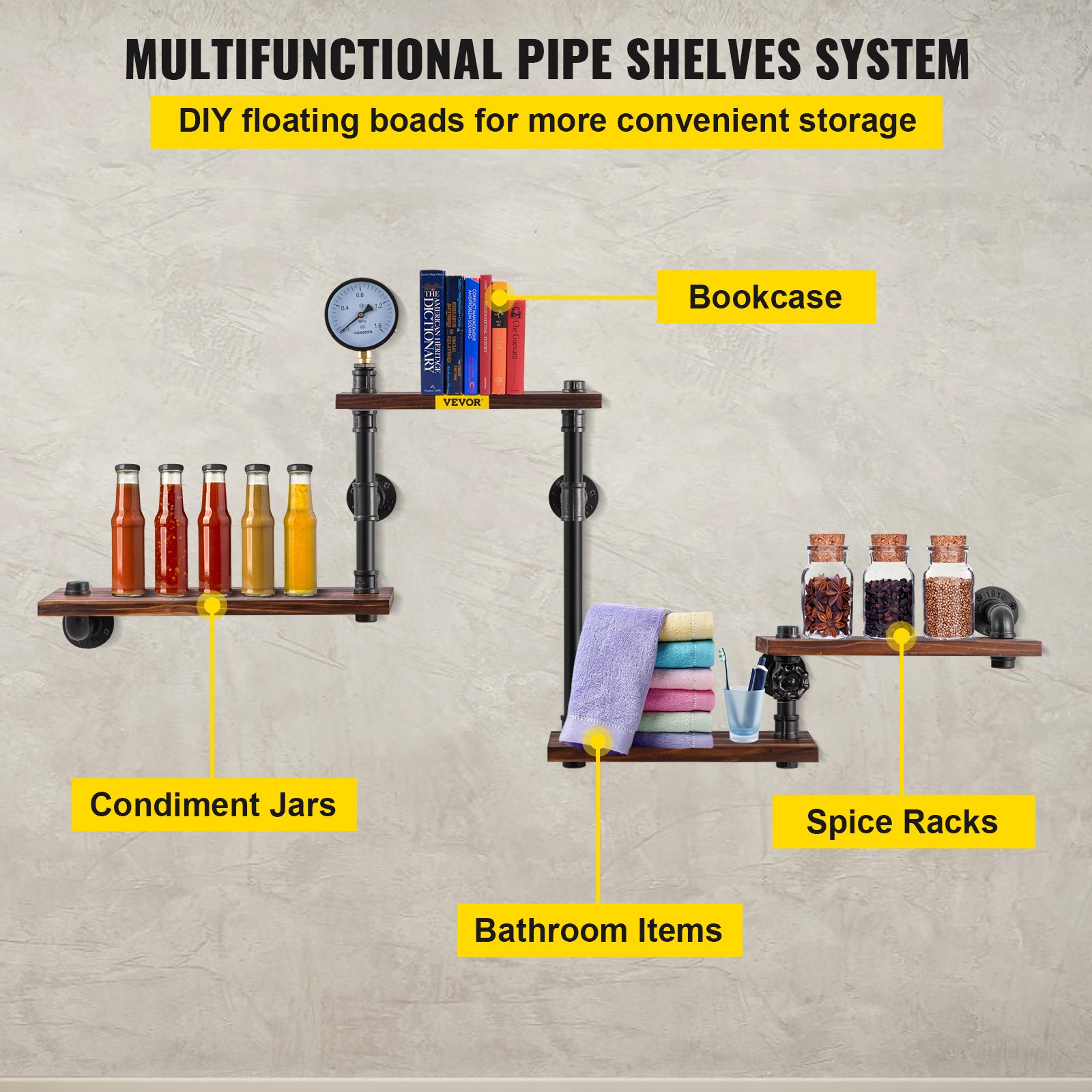 Estanterías industriales de tubo VEVOR para libros, tarros de condimentos, artículos de baño y especieros.