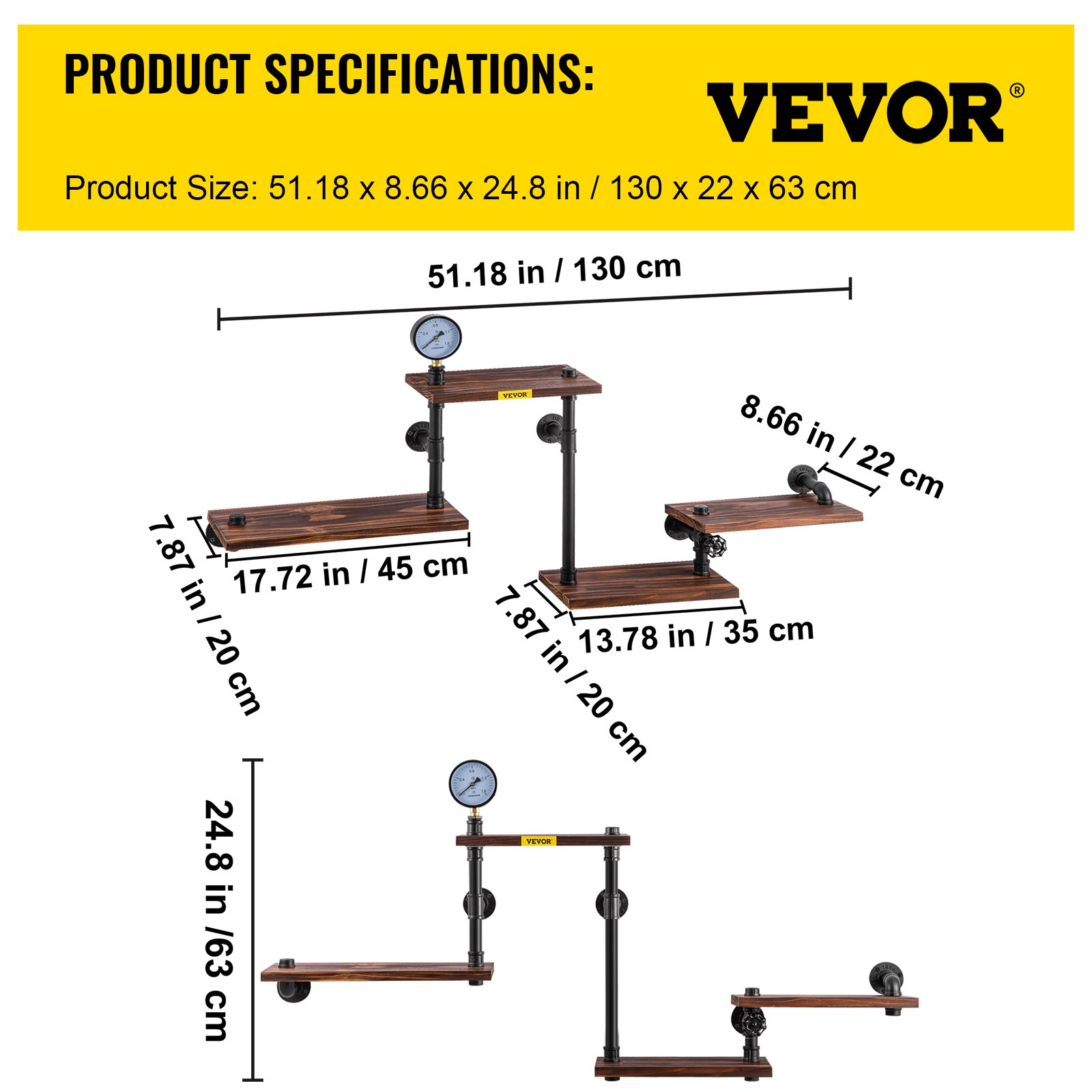 Dimensiones de estantería industrial de tuberías VEVOR con madera marrón y tubos de metal negro.