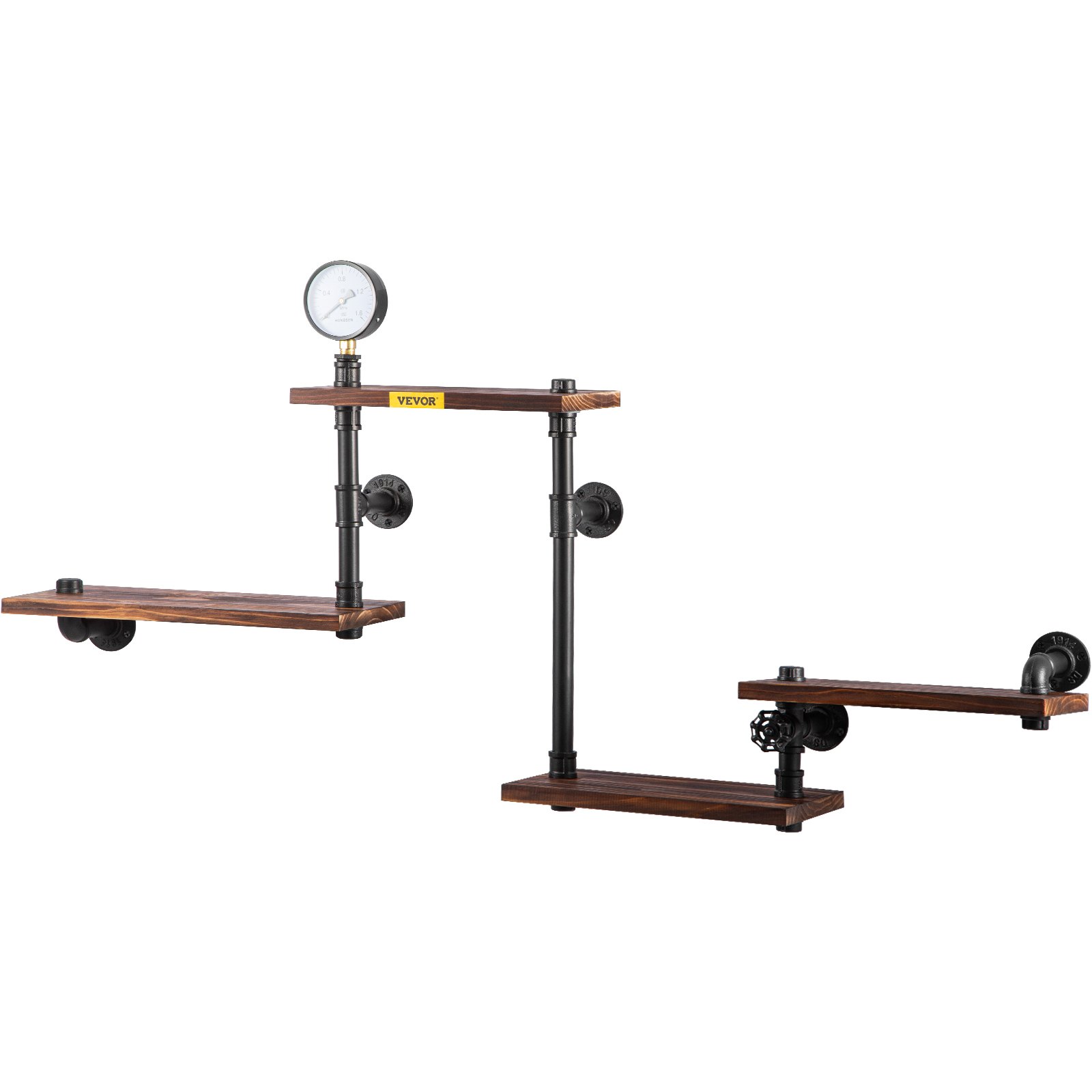 Estantería industrial para tuberías VEVOR con estantes de madera y accesorios de tubería de metal negro.