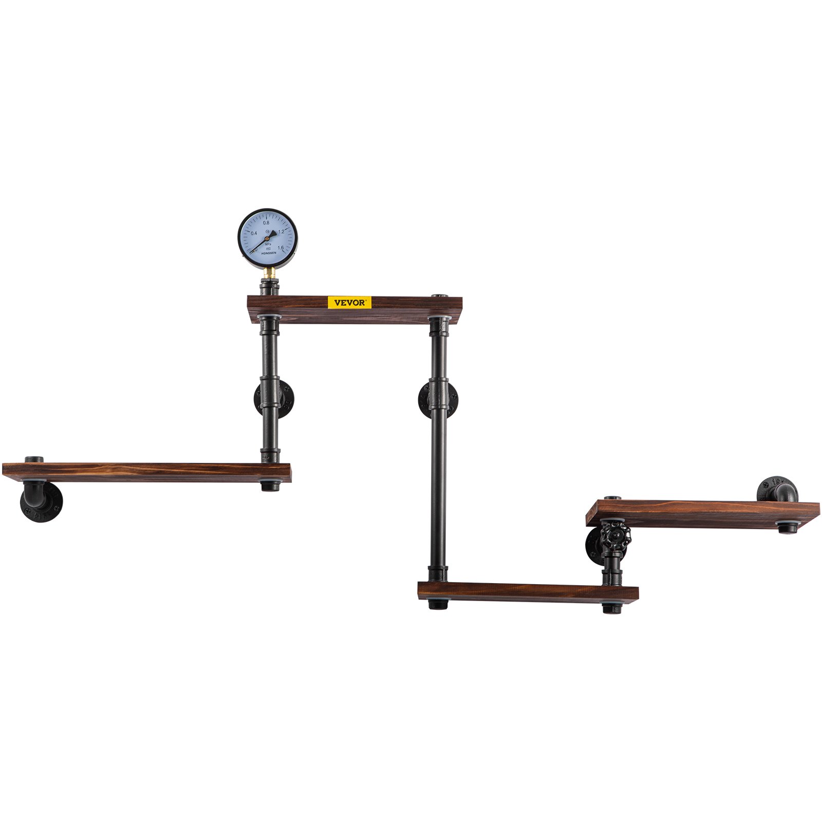 Estantería industrial de tuberías VEVOR con calibre, tres estantes de madera y soportes de metal.
