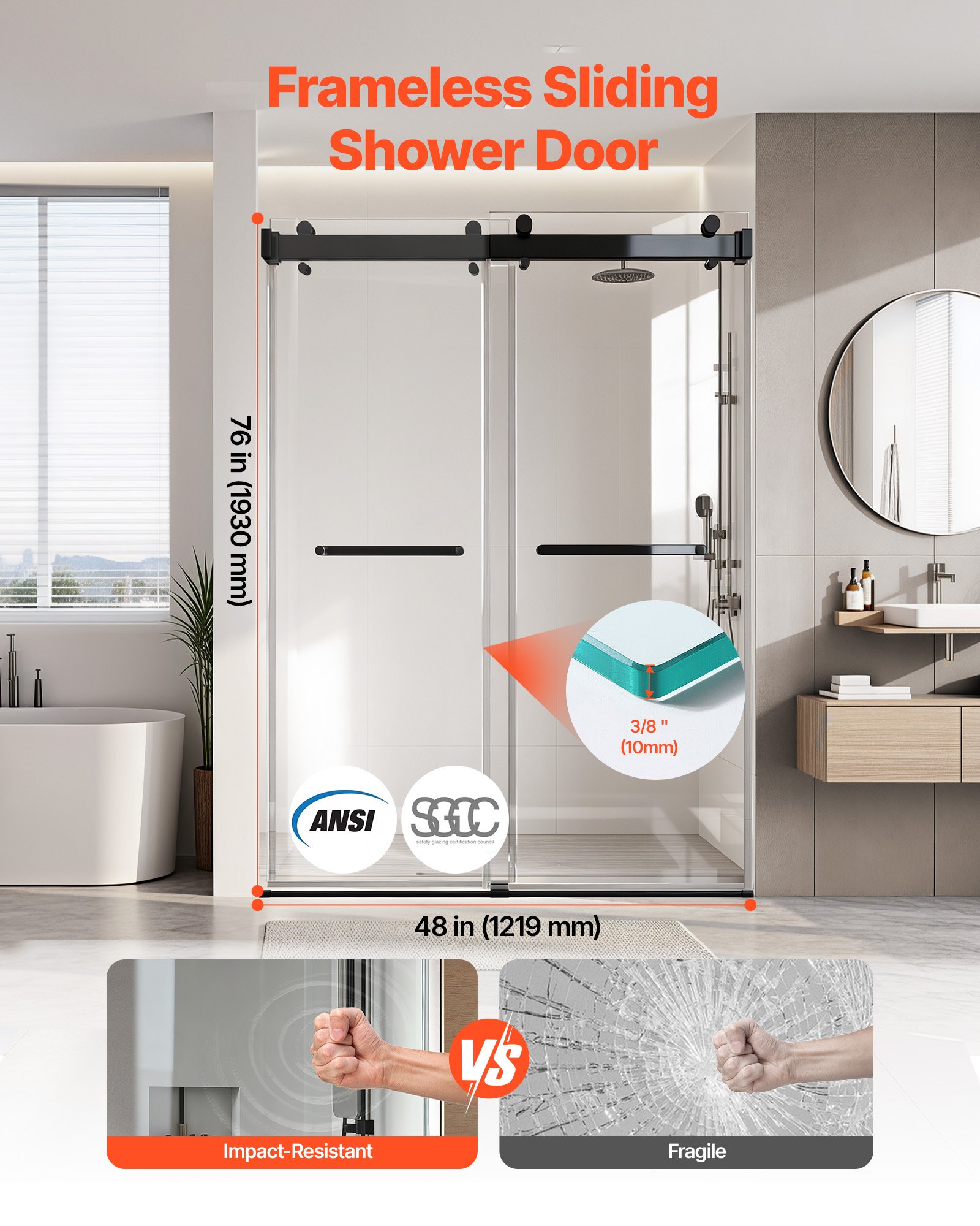VEVOR Mampara de Ducha Corredera de 121,9 x 193 cm, 10 mm de Grosor, Cristal Templado Transparente, Apto para Baño, sin Marco, con Riel, Burlete y Herrajes, Diseño Flexible para la Vida Moderna