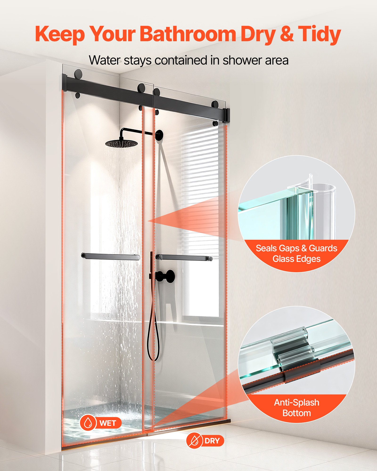 VEVOR Mampara de Ducha Corredera de 121,9 x 193 cm, 10 mm de Grosor, Cristal Templado Transparente, Apto para Baño, sin Marco, con Riel, Burlete y Herrajes, Diseño Flexible para la Vida Moderna