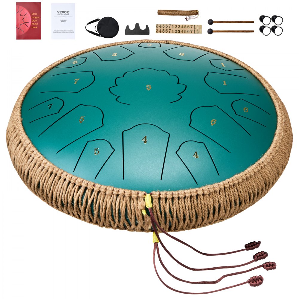 VEVOR Tongue Drum 356mm, Steel Tongue Drum 15 Notes, Rain Drum, C Major Key, Rain Chime with 2 Mallets & Carrying Bag, Handpan Drum, Percussion Instrument for Music Lessons & Yoga, Green