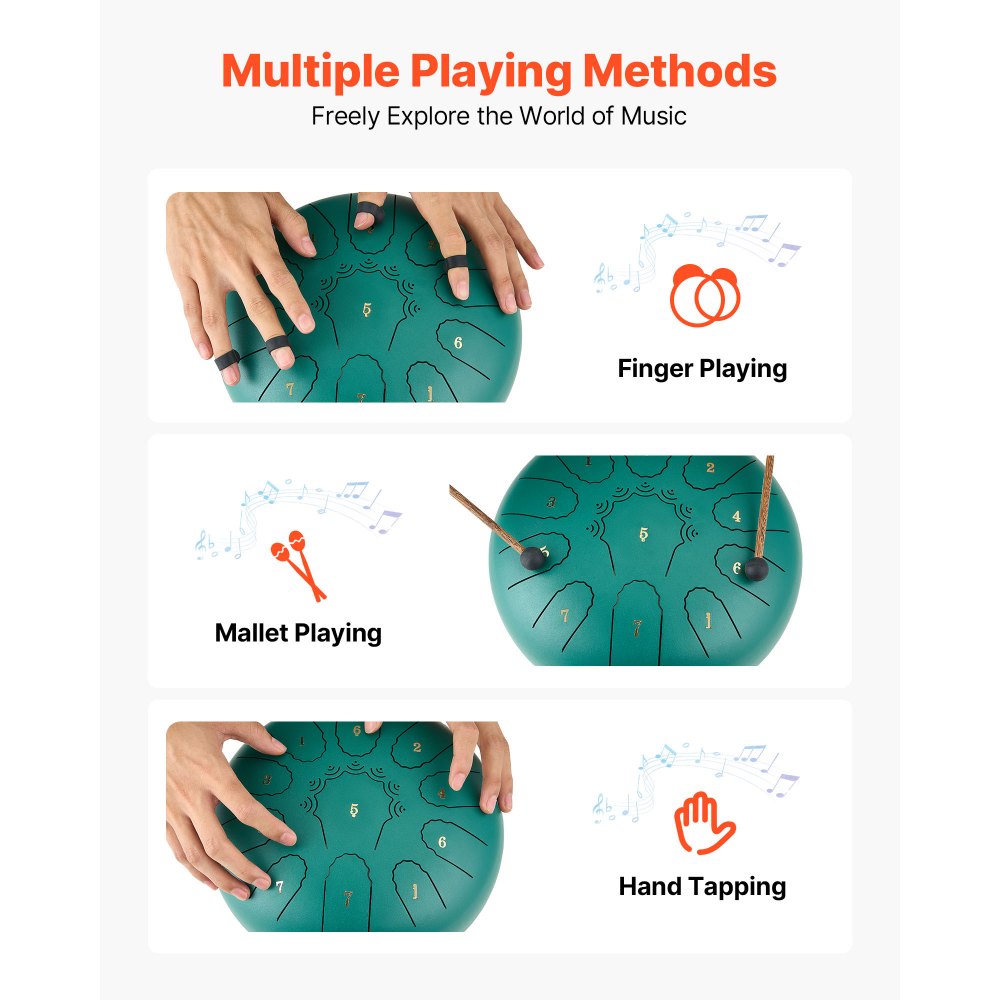 VEVOR Tambor de Lengüeta de Acero 254 mm 11 Notas, Tambor de Mano C Mayor con 2 Mazos y Bolsa de Transporte, Instrumento de Percusión, para Yoga, Meditación, Educación Musical de Principiantes, Verde
