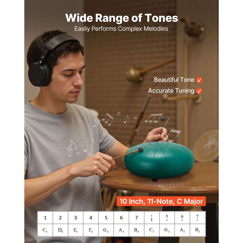 VEVOR Tambor de Lengüeta de Acero 254 mm 11 Notas, Tambor de Mano C Mayor con 2 Mazos y Bolsa de Transporte, Instrumento de Percusión, para Yoga, Meditación, Educación Musical de Principiantes, Verde