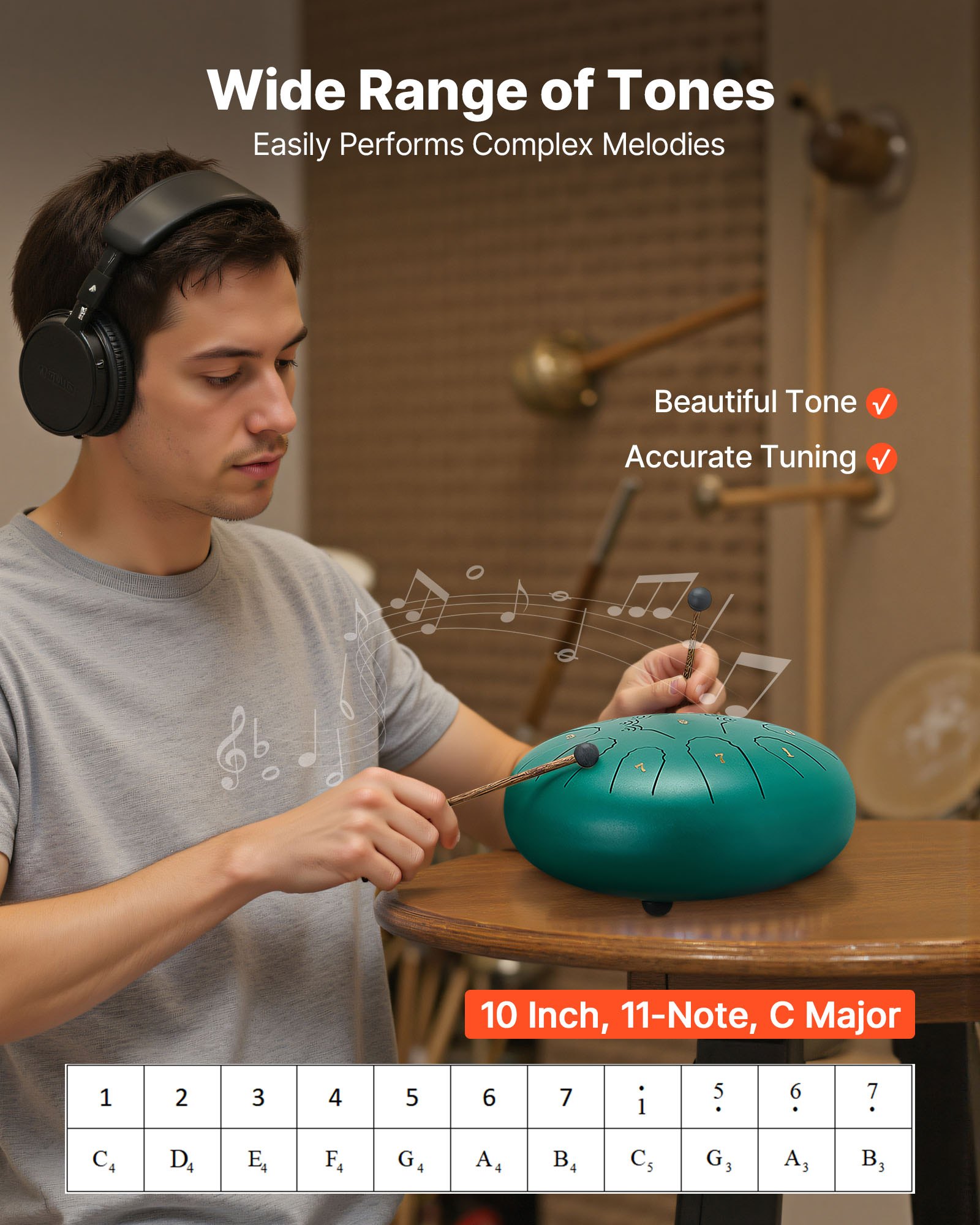 VEVOR Tambor de Lengüeta de Acero 254 mm 11 Notas, Tambor de Mano C Mayor con 2 Mazos y Bolsa de Transporte, Instrumento de Percusión, para Yoga, Meditación, Educación Musical de Principiantes, Verde