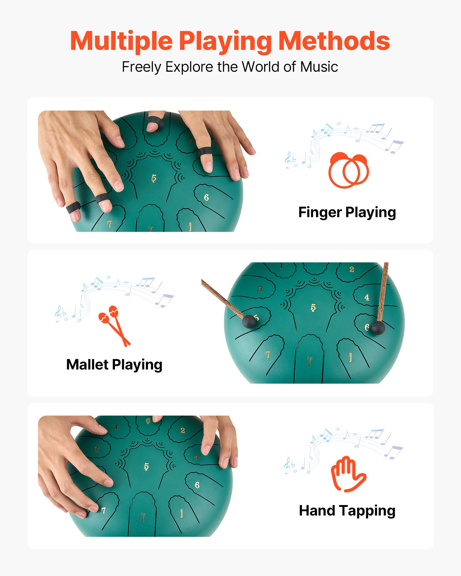 VEVOR Tambor de Lengüeta de Acero 254 mm 11 Notas, Tambor de Mano C Mayor con 2 Mazos y Bolsa de Transporte, Instrumento de Percusión, para Yoga, Meditación, Educación Musical de Principiantes, Verde