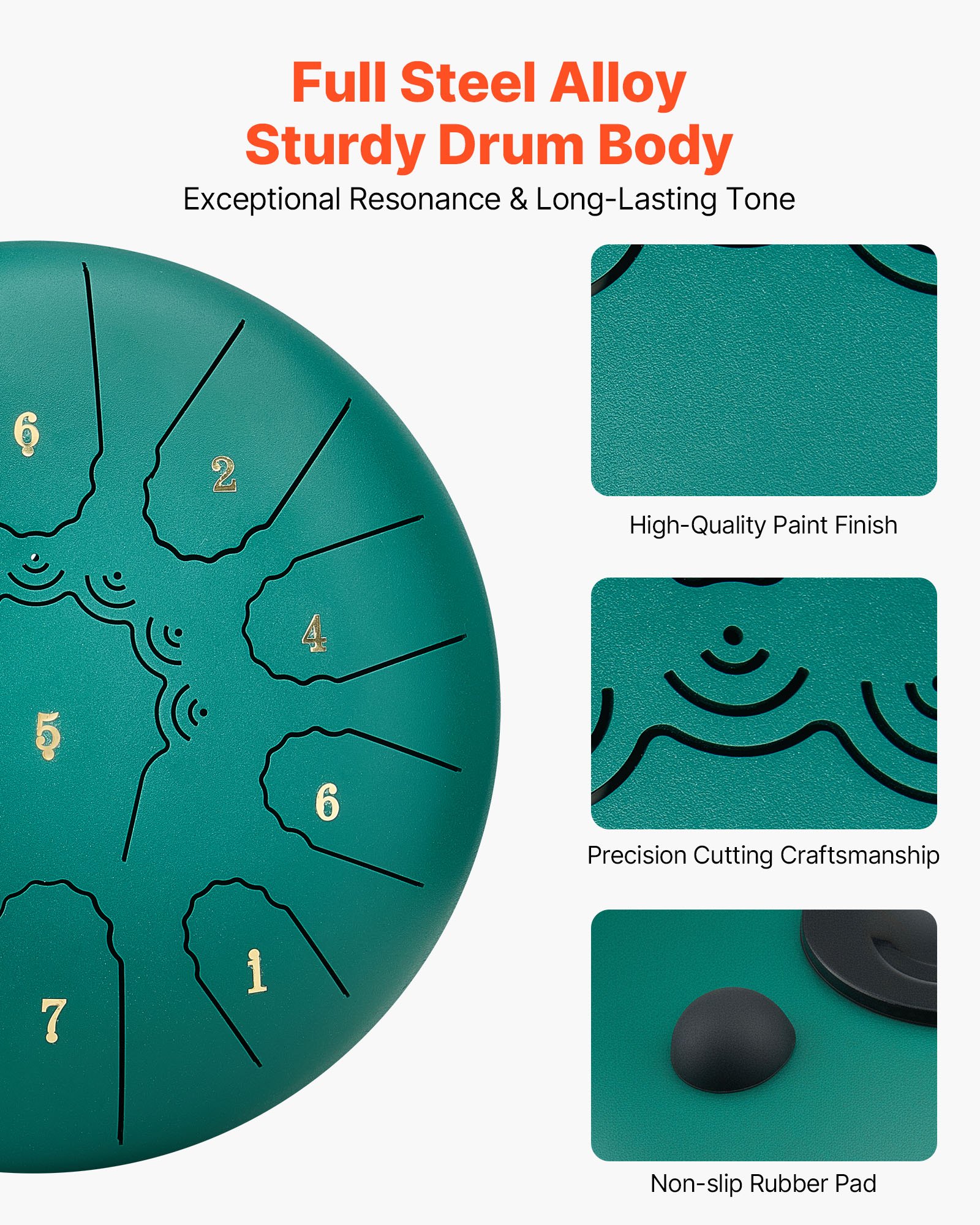 VEVOR Tambor de Lengüeta de Acero 254 mm 11 Notas, Tambor de Mano C Mayor con 2 Mazos y Bolsa de Transporte, Instrumento de Percusión, para Yoga, Meditación, Educación Musical de Principiantes, Verde